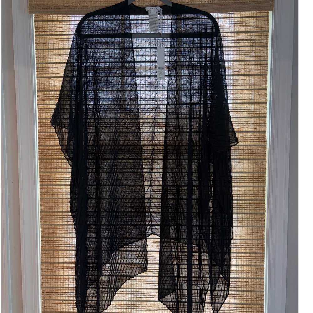 Chicos Pleated Ruana Covering Black Sheer Wrap Kimono One Size NEW 570350992 - Picture 2 of 5